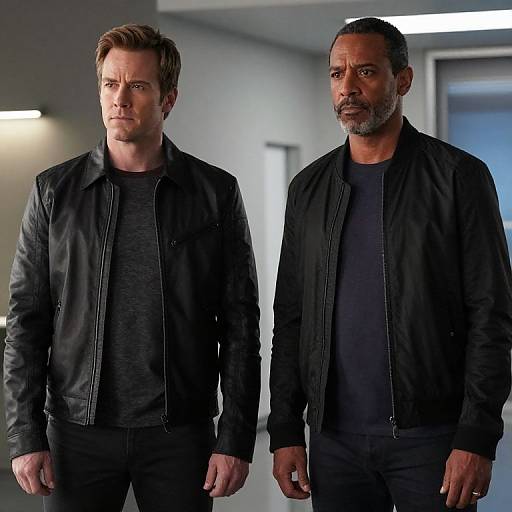 Photograph of two men in black leather jackets and dark shirts, standing side by side in a modern, dimly lit hallway. Both have serious expressions