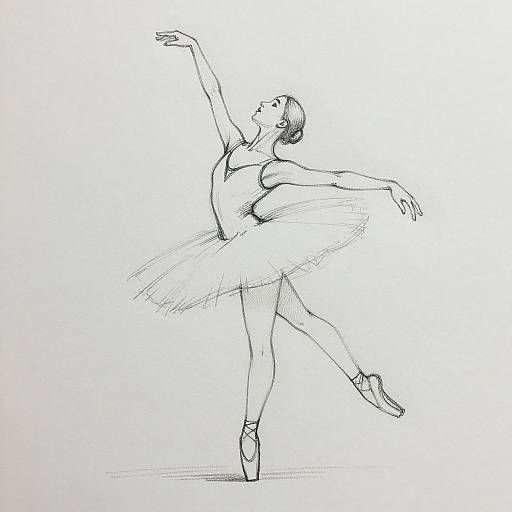 Black and white sketch of a ballet dancer in a tutu, en pointe, with arms gracefully extended, and head tilted upward.
