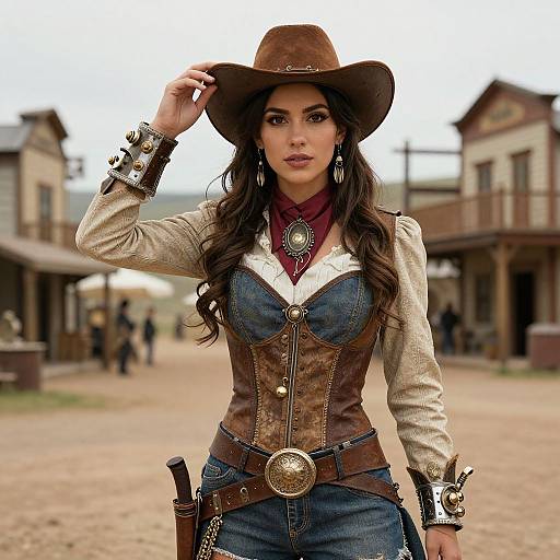 Photograph of a confident woman in a brown cowboy hat, beige and brown corseted shirt, denim vest, and jeans, standing in a Western