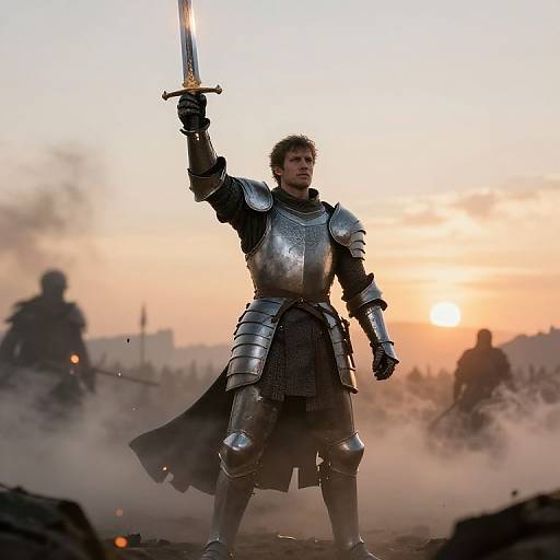 Epic photograph of a determined, armored knight with raised sword, standing in a dusty, sunset-lit battlefield, surrounded by silhouetted soldiers