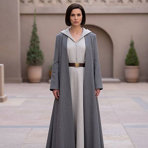 Photograph of a serious-faced woman with short black hair, wearing a long gray coat over a white dress with a black belt, standing in a stone