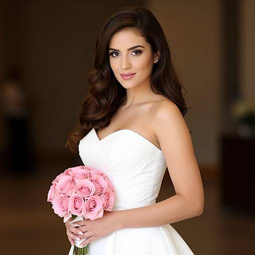Photograph of a beautiful, dark-haired woman in a strapless white wedding dress, holding a bouquet of pink roses, smiling softly.