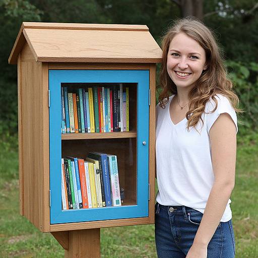 Photograph of a smiling young woman with long brown hair, wearing a white sleeveless shirt and blue jeans, standing beside a wooden bookshelf with blue