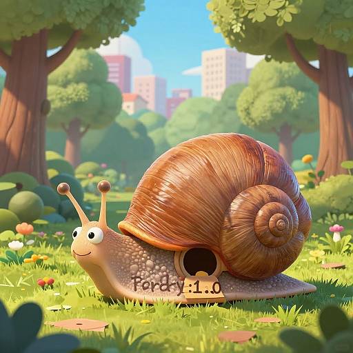 Digital illustration of a smiling, brown snail with 
