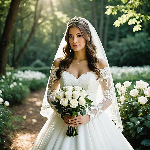 Elegant Bride in White Wedding Dress with Rose Bouquet