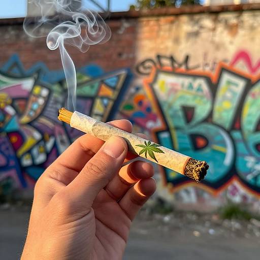 Photograph of a hand holding a lit marijuana cigarette with a green leaf sticker, smoke curling upwards, against colorful graffiti-covered brick wall.