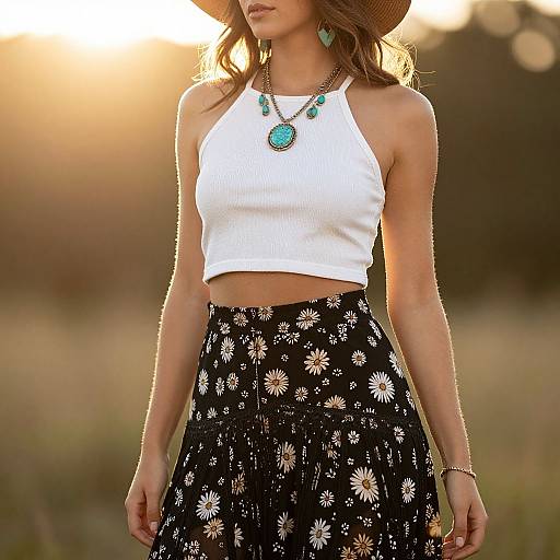 Photograph of a woman with light brown hair, wearing a white ribbed crop top, black daisy-patterned skirt, turquoise jewelry, and a