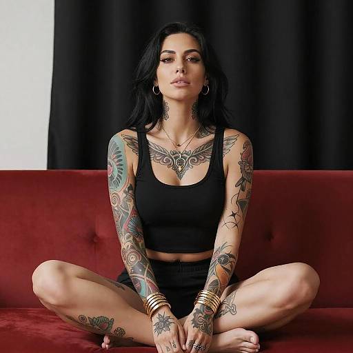 Tattooed Woman on Red Couch