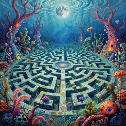 Vibrant underwater maze with glowing fish, colorful coral, and twisted trees under a moonlit surface. Digital fantasy artwork.