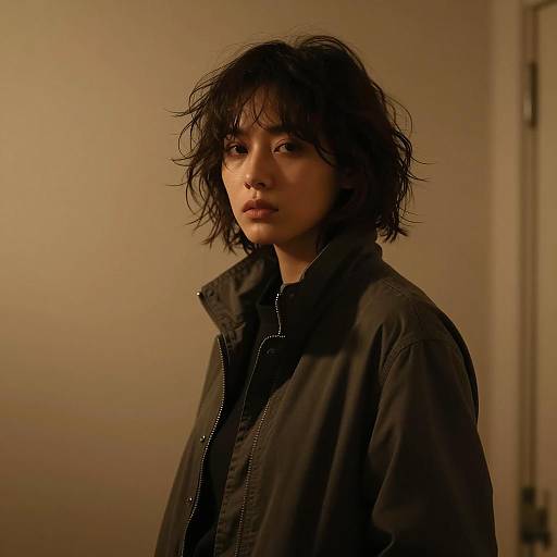 Woman with Messy Hair in Dimly Lit Hallway