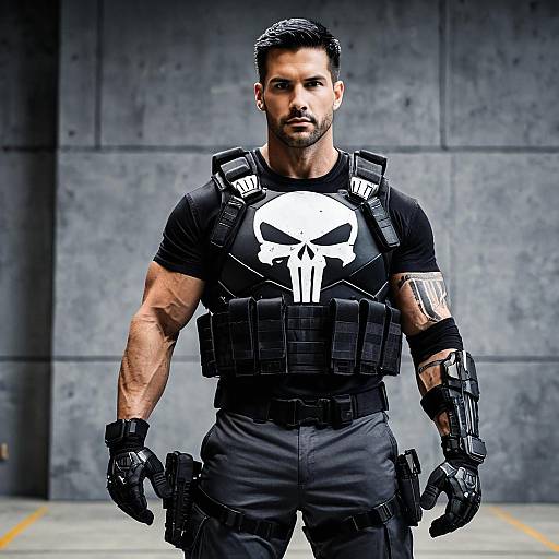 Muscular Man in Punisher Tactical Vest Cosplay