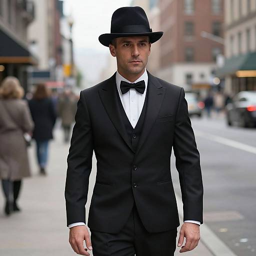 Photograph of a handsome man in a black suit, white shirt, black bow tie, and black fedora, standing on a city street with blurred
