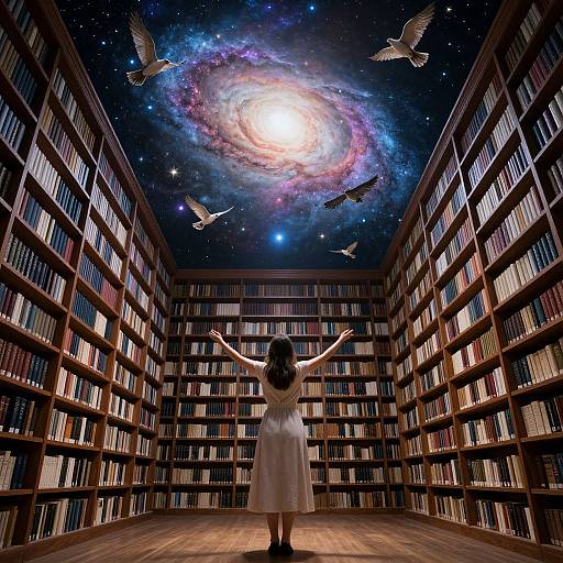 Photograph of a woman in a white dress, arms raised, standing in a vast library with galaxy ceiling and flying birds.