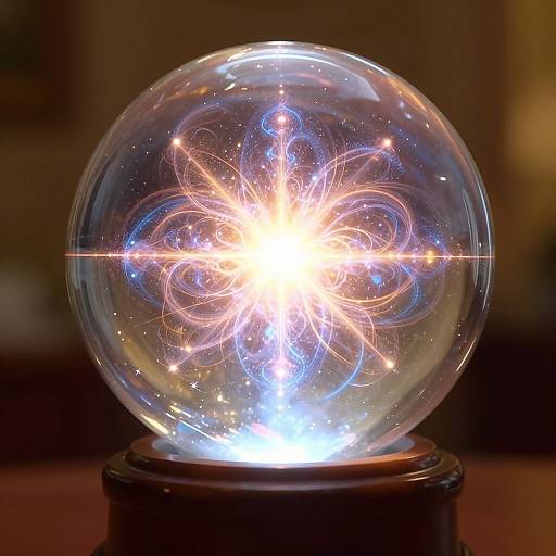 Photograph of a glowing, crystal sphere with intricate, neon-like patterns inside, illuminated by a bright white light, on a dark wooden base.