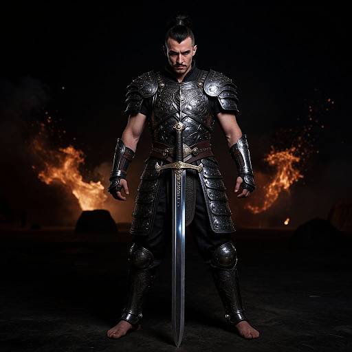 Photograph of a muscular, bearded warrior with dark hair, wearing intricate silver armor and holding a large sword, standing barefoot against a dark background