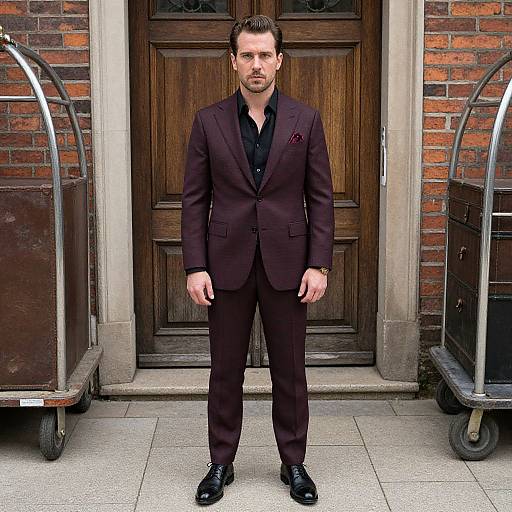 Photograph of a serious, dark-haired man in a black shirt and dark burgundy suit standing between two luggage carts in front of a wooden door and