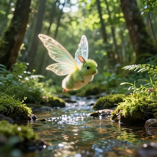 Photograph of a whimsical, green, fairy-like creature with translucent, glowing wings, hovering above a sunlit forest stream surrounded by lush greenery