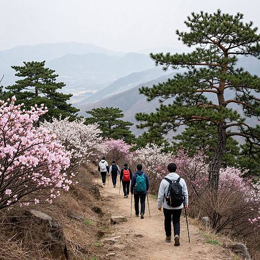 Photograph of hikers in spring attire walking along a dirt trail lined with pink cherry blossoms and pine trees, ascending into misty mountains.