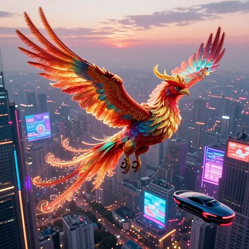 Digital art of a vibrant, rainbow-feathered phoenix soaring over a neon-lit, futuristic cityscape with glowing billboards and a hovering car.