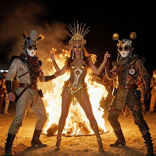 Photograph of three masked performers in elaborate costumes with metallic headdresses and tribal outfits, standing in front of a large fire at night.