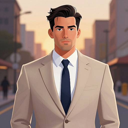 Digital illustration of a handsome man with dark hair, wearing a beige suit, white shirt, and black tie, standing on a city street at sunset.