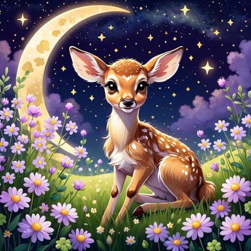 Dreamy Fawn Under Starry Night Sky
