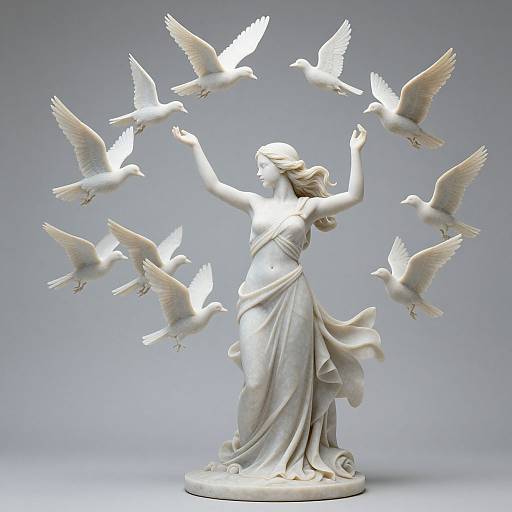 Photograph of a white marble statue of a graceful, classical woman with flowing dress, arms raised, surrounded by seven white doves in mid-flight against