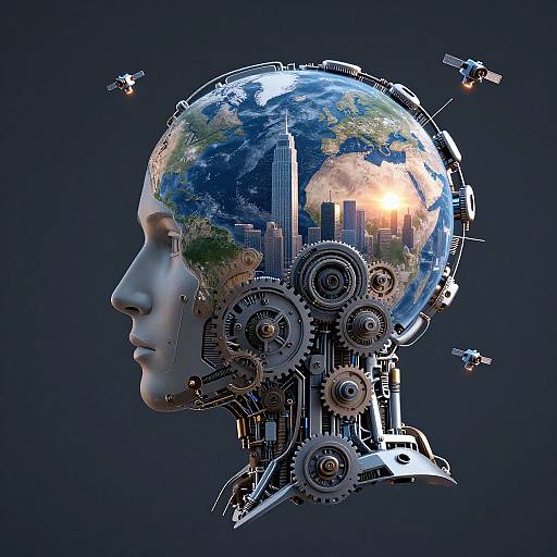 Digital artwork of a robotic human head with earth inside, featuring gears, satellites, and city skyline, against a dark blue background.