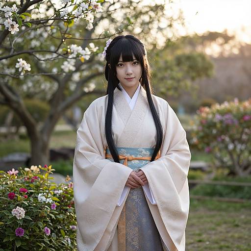 Photograph of an Asian woman with long black hair in a white traditional kimono, standing in a blooming garden at sunset.