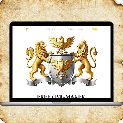 Digital artwork of a laptop displaying a white screen with a golden lion, eagle, and lion on a shield, surrounded by the text 