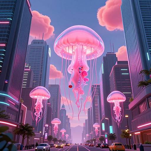Photorealistic digital art of a neon-lit city street with giant glowing pink jellyfish floating above skyscrapers, under a pink and blue sky