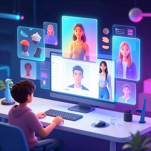 Digital illustration of a person sitting at a glowing white desk, working on a computer with neon blue interface overlays of various female characters. Modern, futuristic style