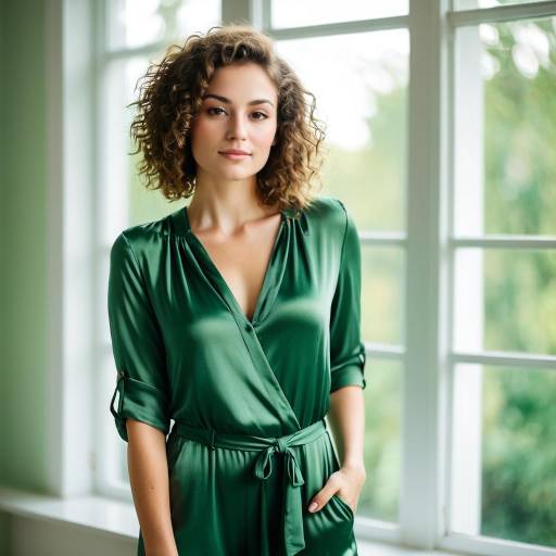 Young Woman in Green Silk Jumpsuit by Window