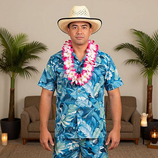 Photograph of a tan-skinned man in a blue floral shirt, straw hat, and pink lei, standing in front of palm plants and candles.