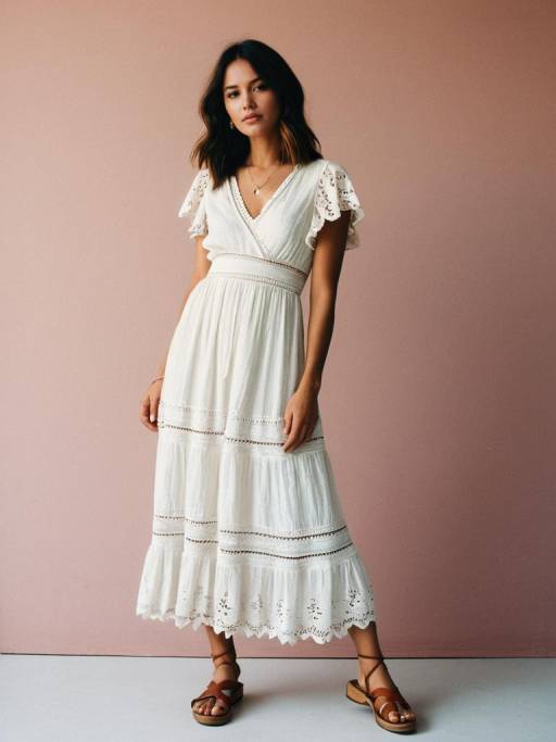 Woman in White Bohemian Lace Maxi Dress