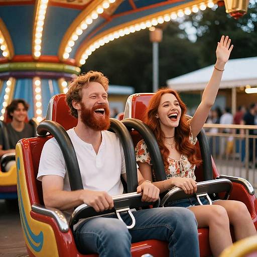 Joyful Couple on Vibrant Amusement Ride