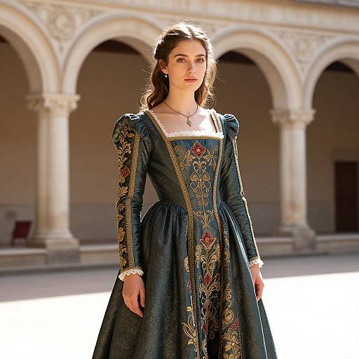 Photograph of a young woman with fair skin and brown hair, wearing an ornate, dark blue medieval-style dress with floral embroidery, standing in a