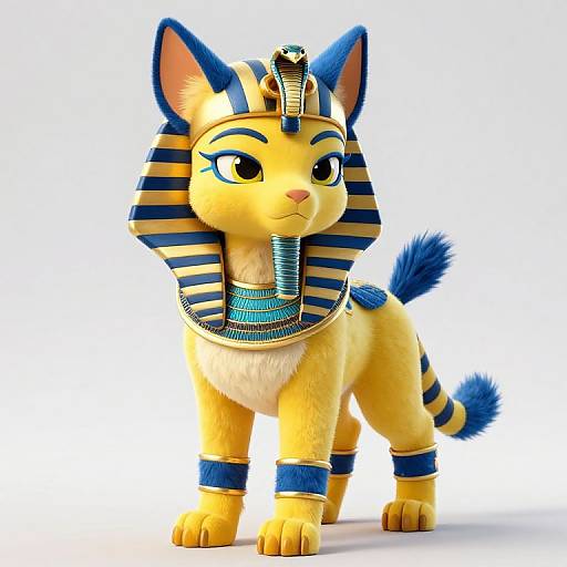 CGI image of a yellow cat with blue stripes, wearing an Egyptian pharaoh headdress and necklace, standing on white background.