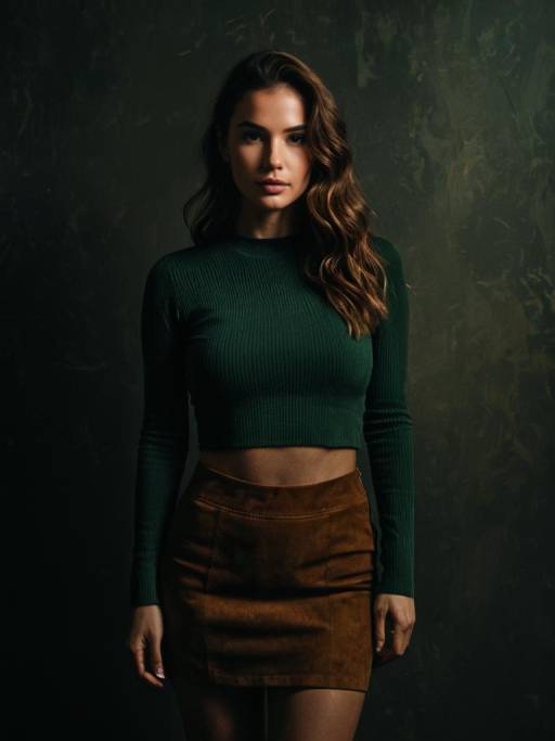 Woman in Casual Chic Outfit with Crop Top and Suede Skirt