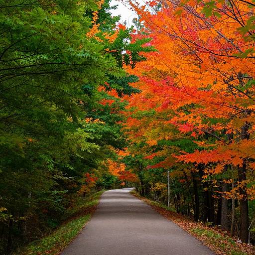 Photograph of a narrow, straight asphalt path flanked by vibrant green and fiery orange-red autumn foliage, creating a colorful, natural tunnel effect.
