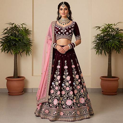 Indian woman in black floral embroidered lehenga with pink dupatta, gold jewelry, and bindi, standing in front of potted plants.