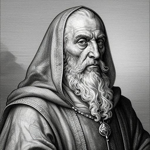 Black-and-white digital drawing of an elderly man with a long, wavy beard, wearing a hooded robe, intense expression, and a detailed pendant