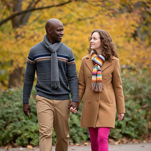 Photograph of a smiling black man in a blue sweater and beige pants, holding hands with a white woman in a brown coat and pink pants, against