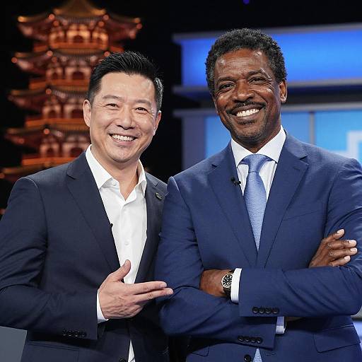 Two men in blue suits with Asian pagoda background
