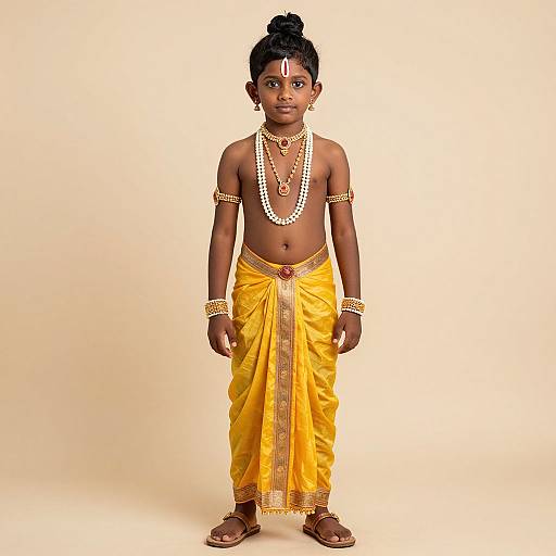 Photograph of a young Indian girl with dark skin, wearing a yellow saree, white beaded necklace, gold arm bands, and brown sandals,