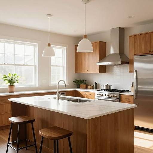 Photograph of a bright, modern kitchen with wooden cabinets, white countertops, stainless steel appliances, two white hanging lamps, and two wooden stools.