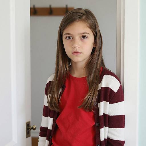 Young Girl in Striped Cardigan at Doorway