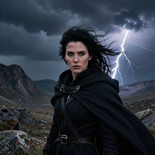 Photorealistic digital artwork of a fierce, black-haired woman in a dark cloak, standing in a stormy, mountainous landscape with a bright lightning