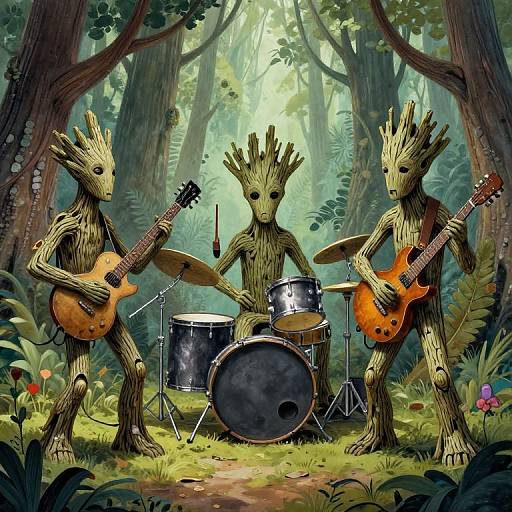 Digital illustration of three tree-like creatures with spiky bark playing guitar, drums, and bass in a sunlit forest.