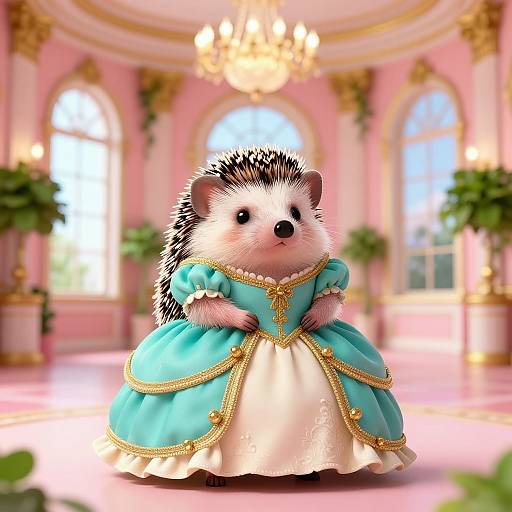 Photorealistic CGI of an adorable hedgehog in a blue and white, gold-trimmed, Victorian-style dress, standing in a grand, pink
